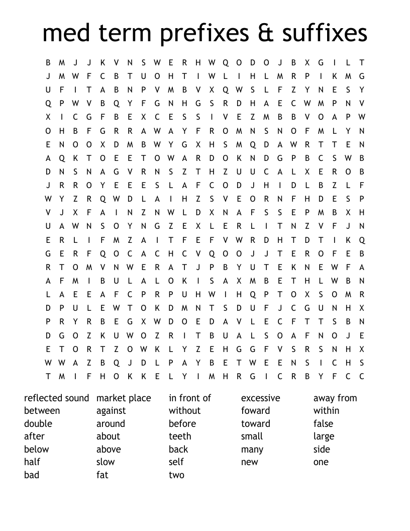 med term prefixes & suffixes Word Search