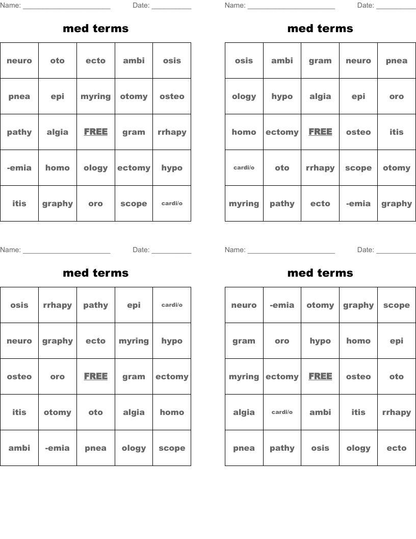 med terms Bingo Cards