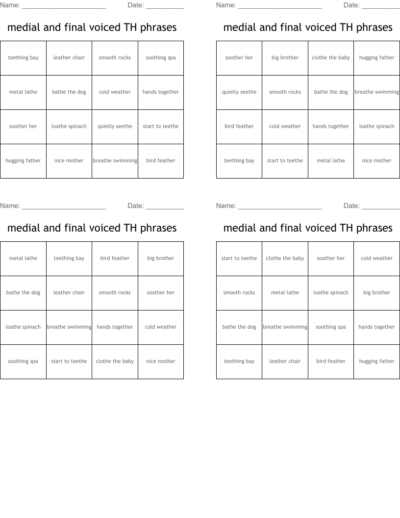 medial and final voiced TH phrases Bingo Cards