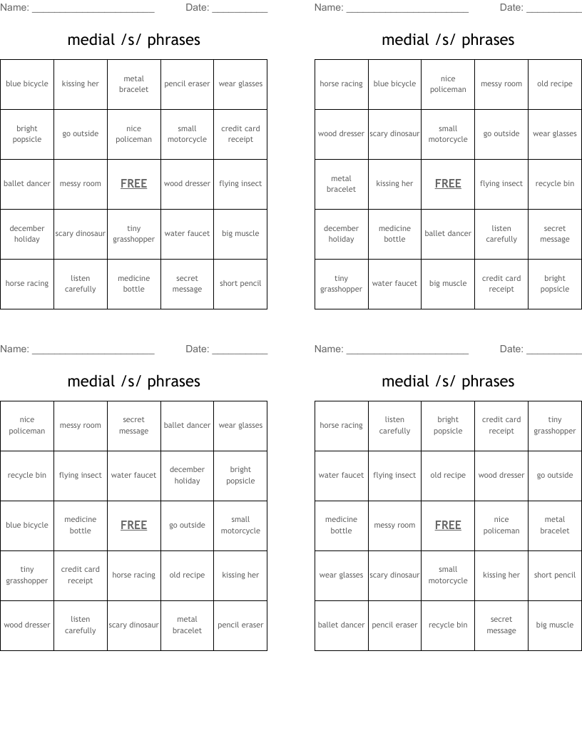 medial /s/ phrases Bingo Cards