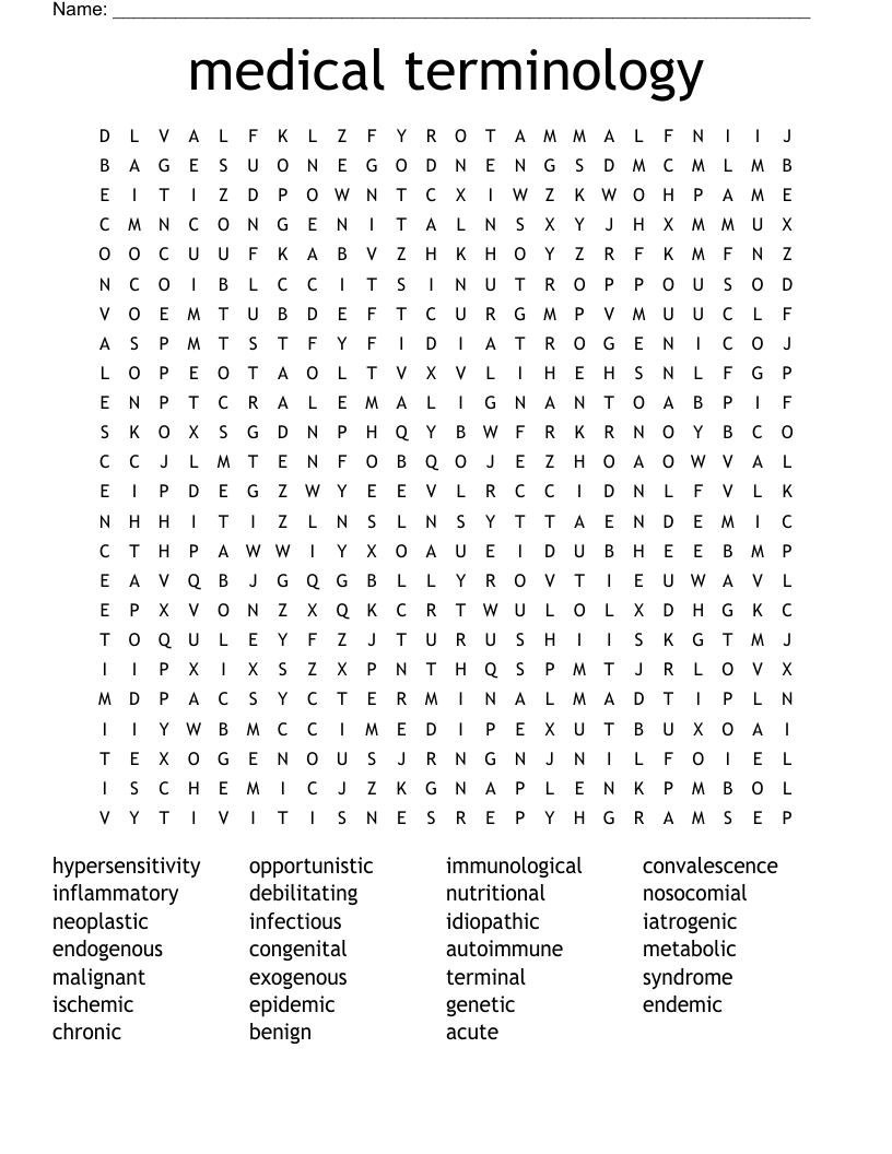 medical terminology  Word Search