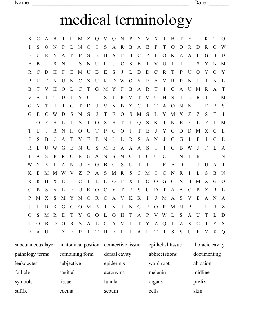 medical terminology  Word Search