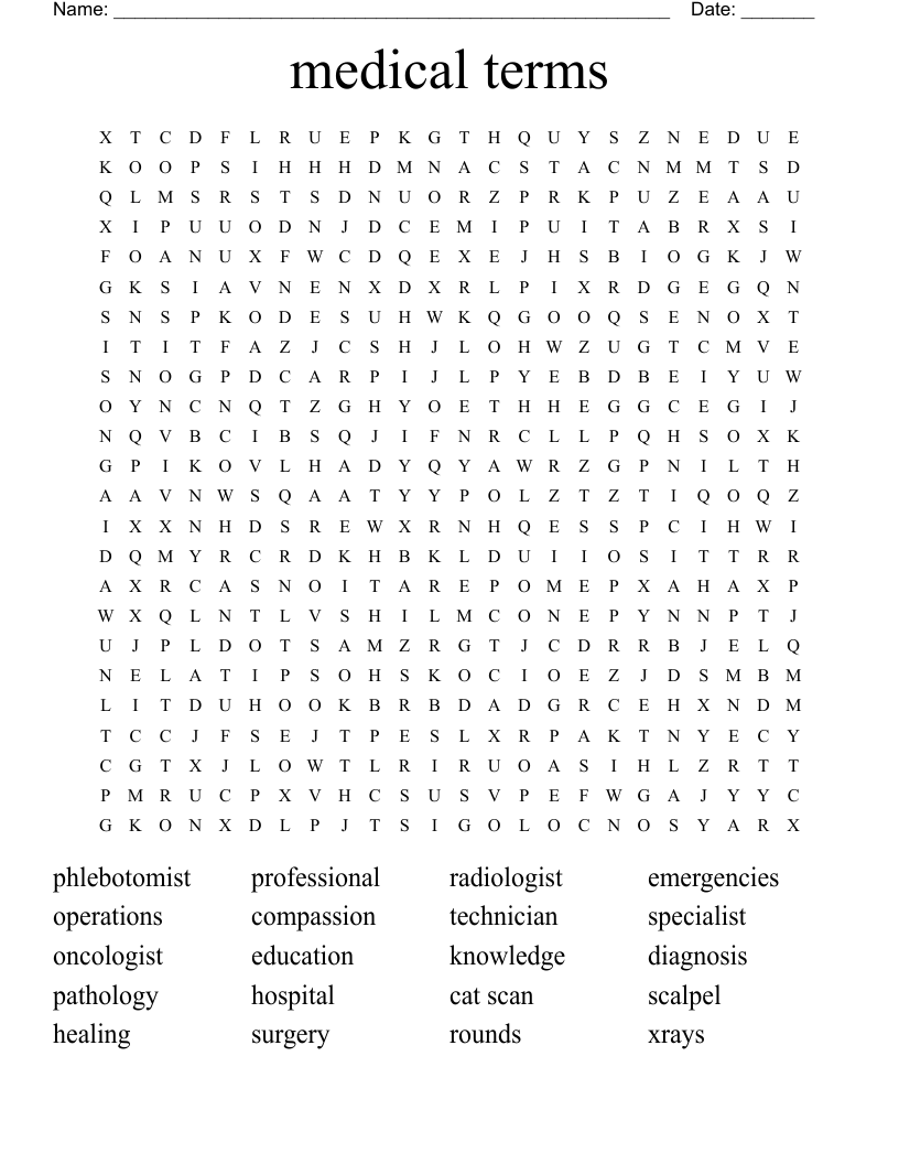 medical terms Word Search