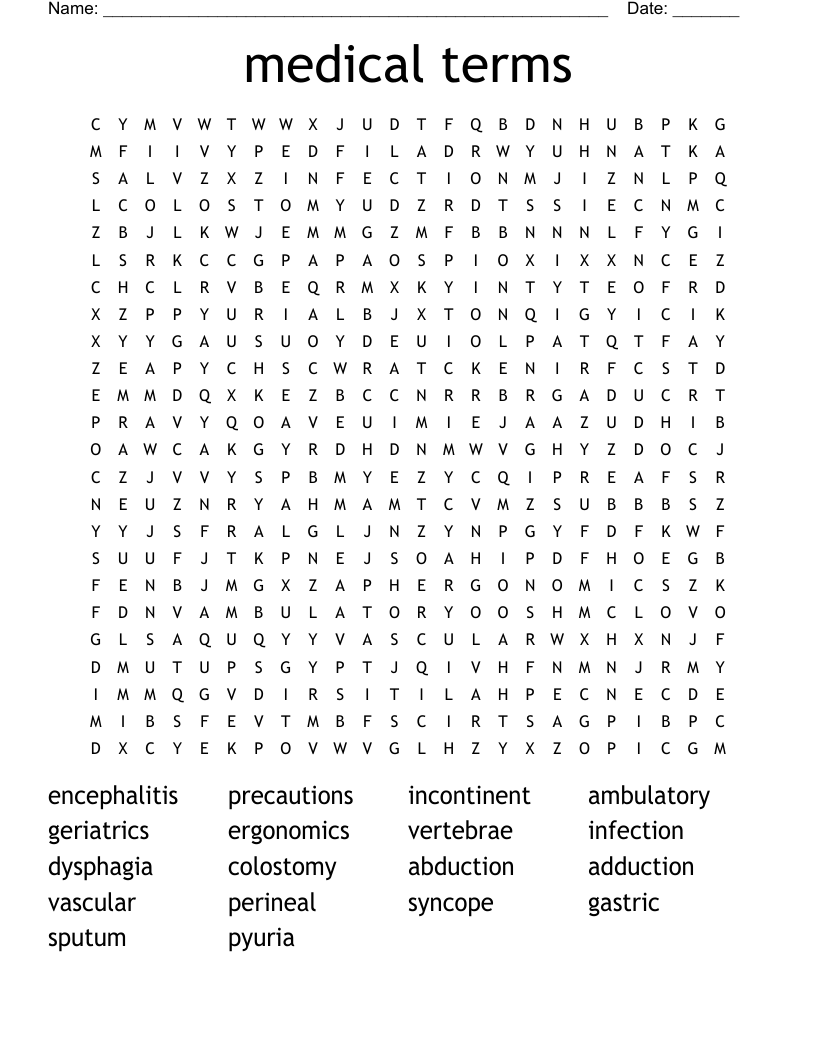 medical terms Word Search