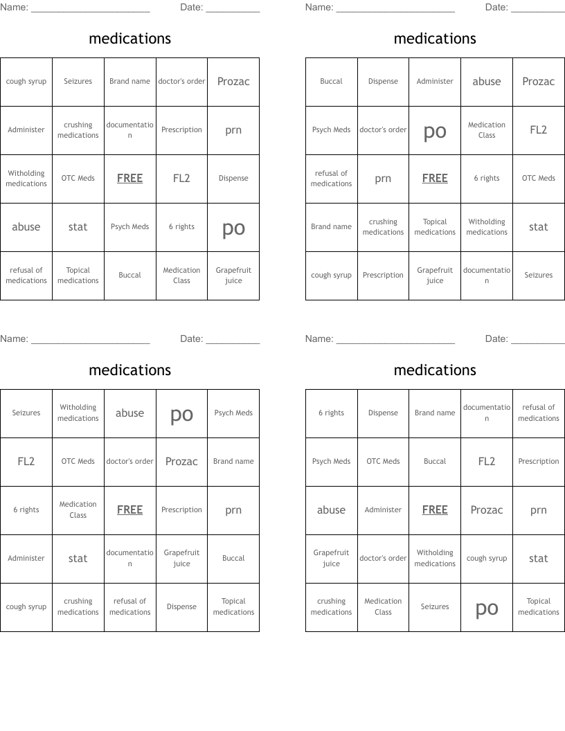 medications Bingo Cards