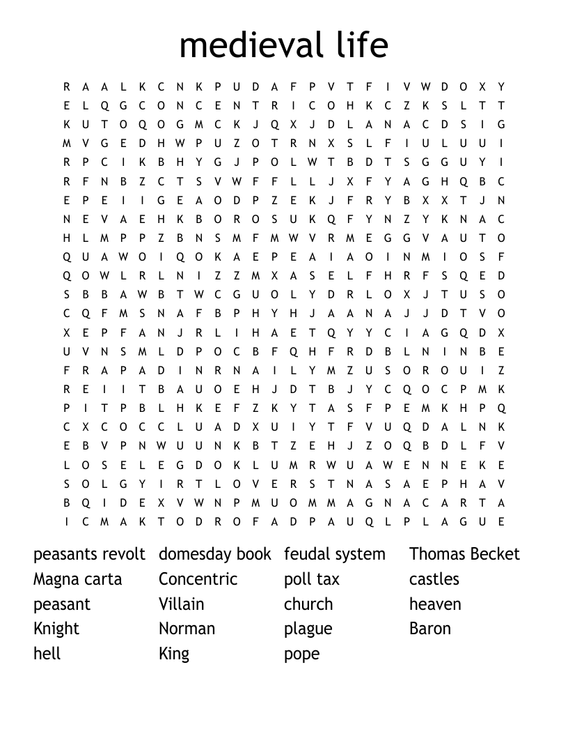 medieval life  Word Search
