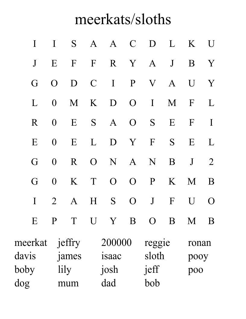 meerkats/sloths Word Search
