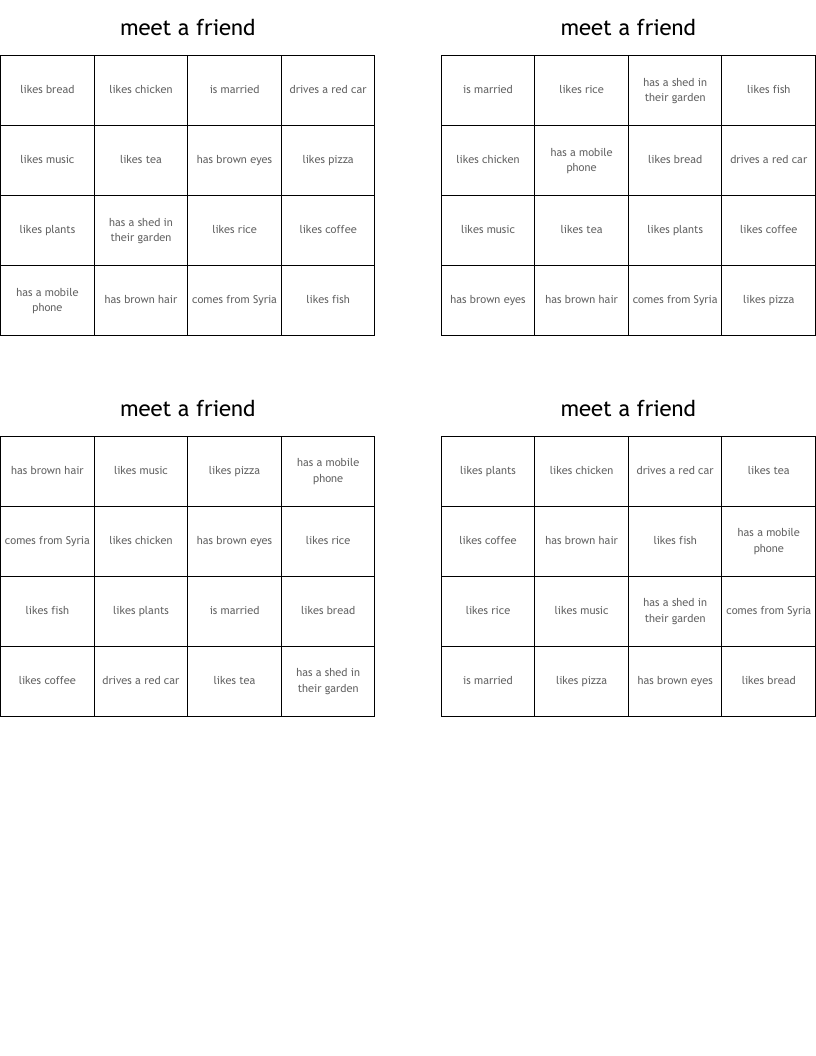 meet a friend Bingo Cards