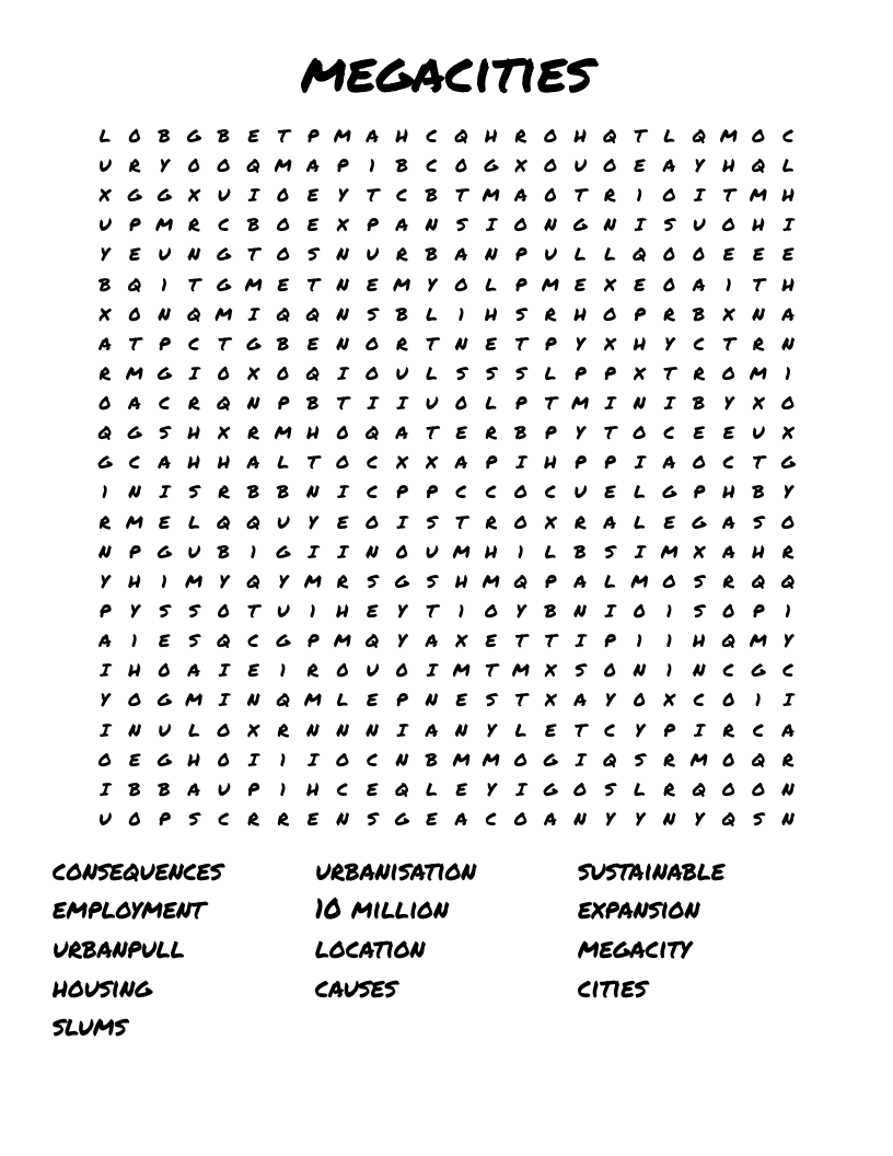 megacities  Word Search