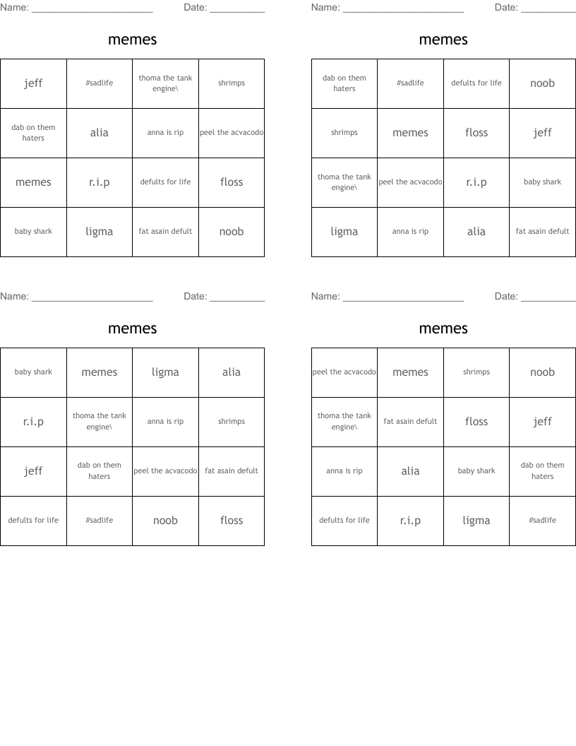 memes Bingo Cards