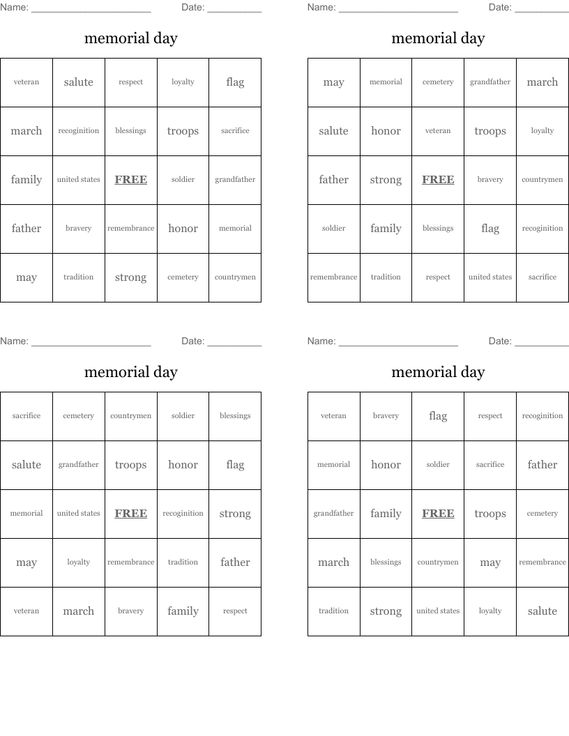 memorial day Bingo Cards