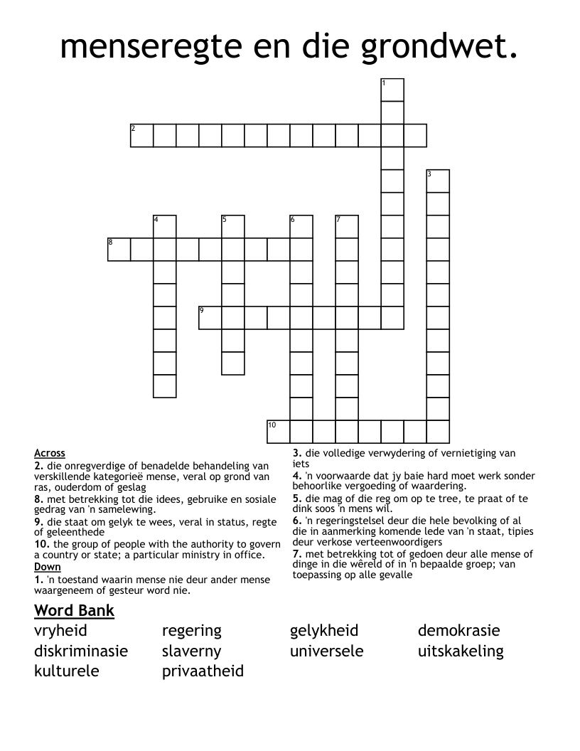 menseregte en die grondwet. Crossword