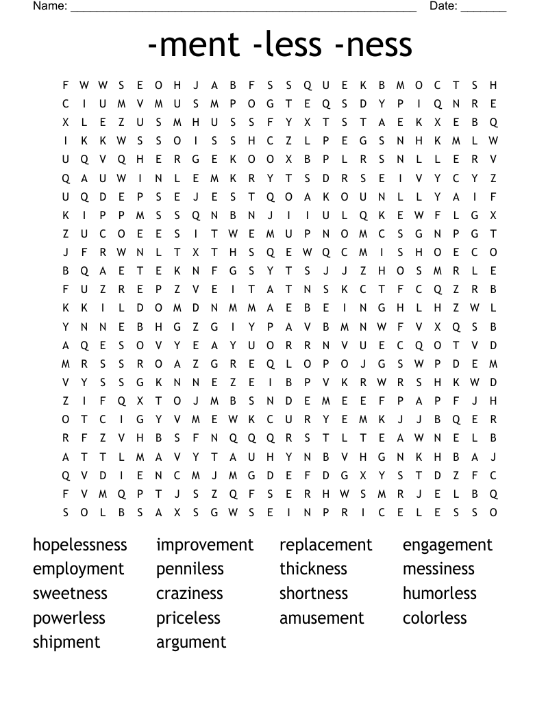 -ment -less -ness Word Search