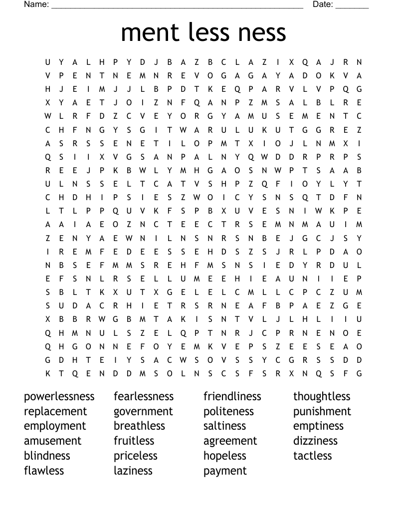 ment less ness Word Search