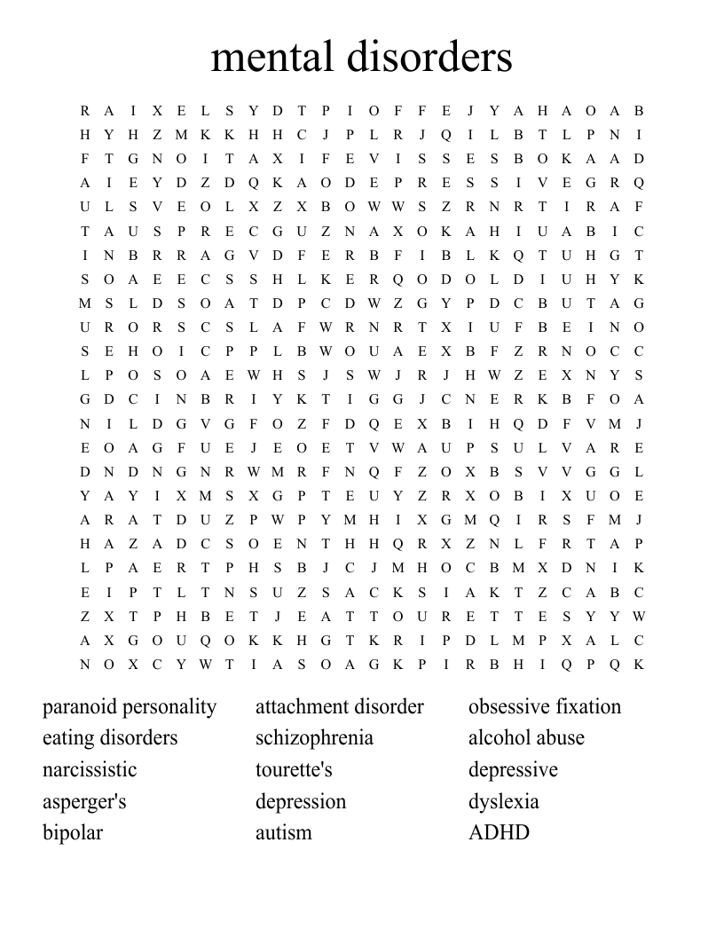 mental disorders Word Search