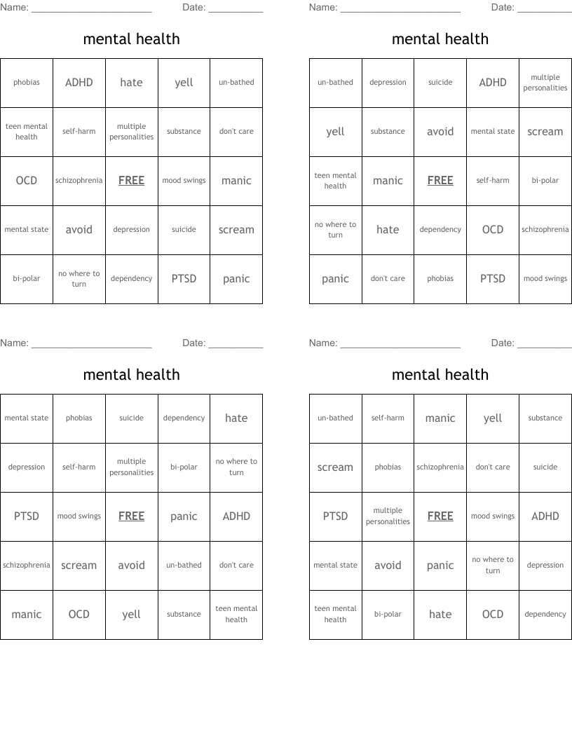 mental health Bingo Cards