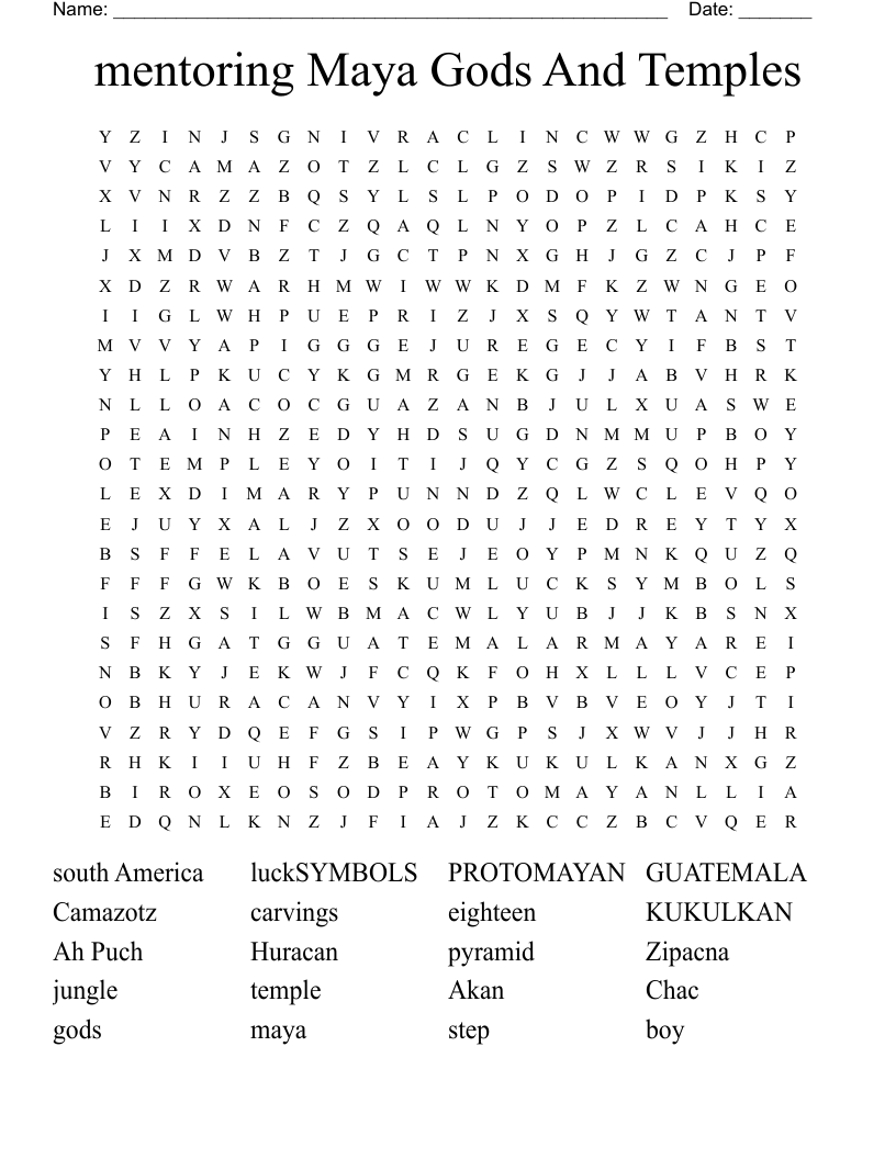 mentoring Maya Gods And Temples Word Search