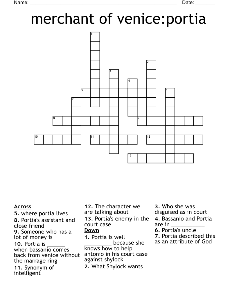 merchant of venice:portia Crossword