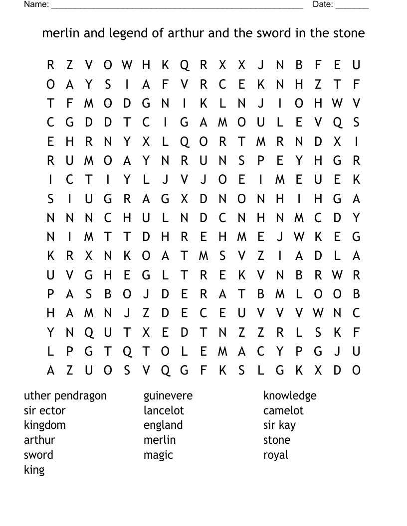 merlin and legend of arthur and the sword in the stone Word Search
