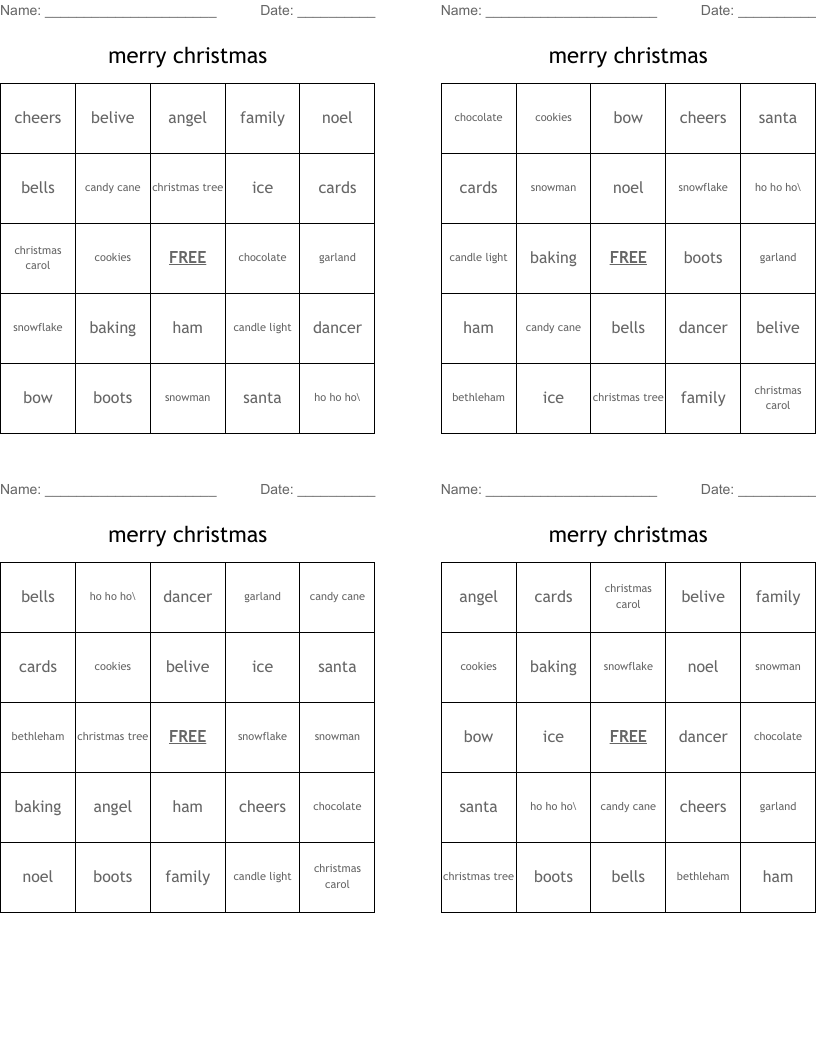 merry christmas Bingo Cards