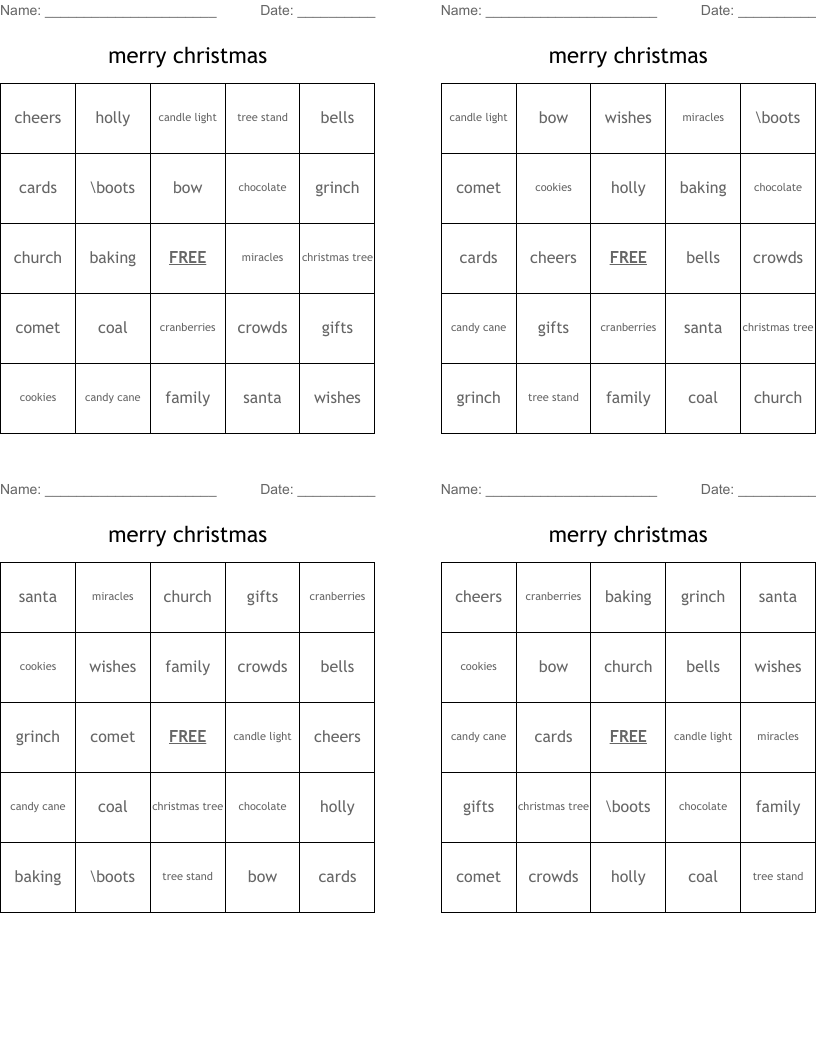 merry christmas Bingo Cards