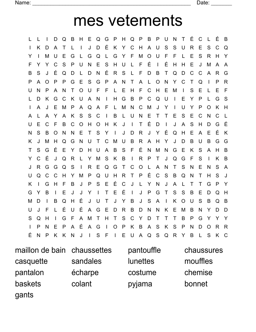 mes vetements Word Search