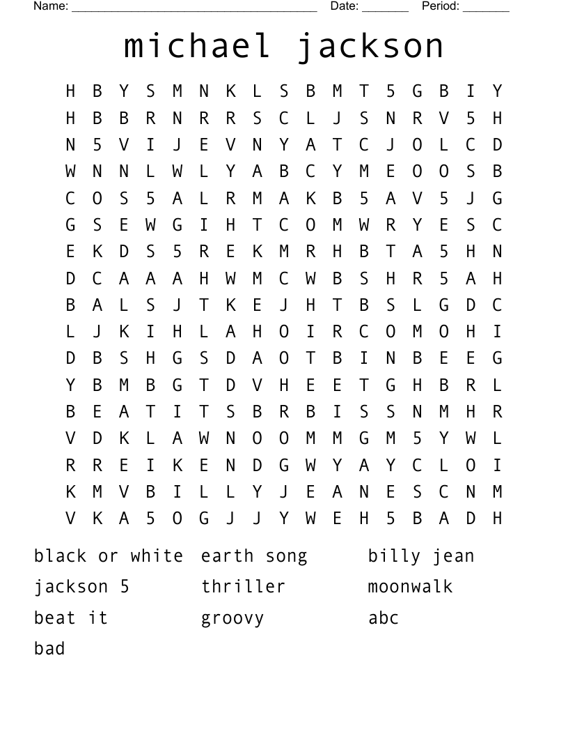 michael jackson Word Search