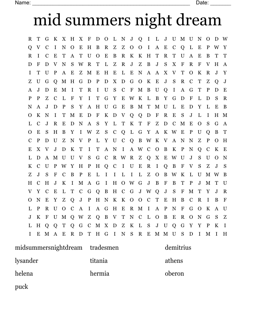 mid summers night dream Word Search