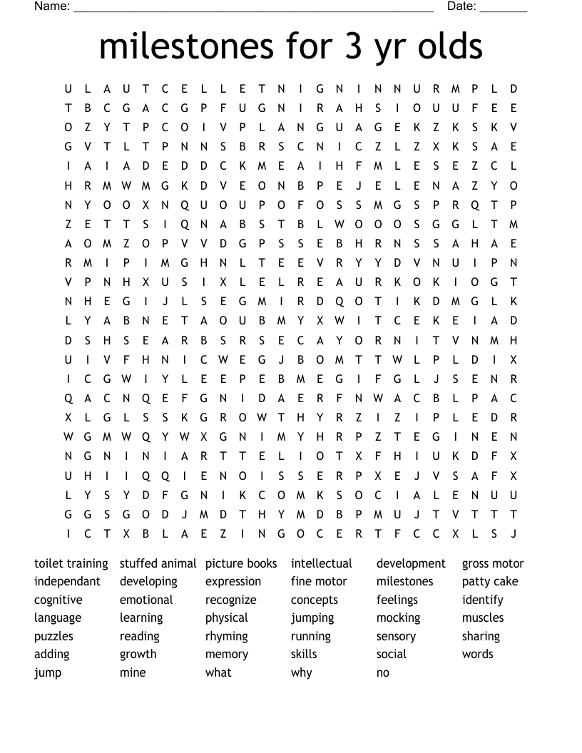 milestones for 3 yr olds Word Search
