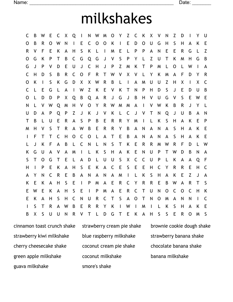milkshakes Word Search