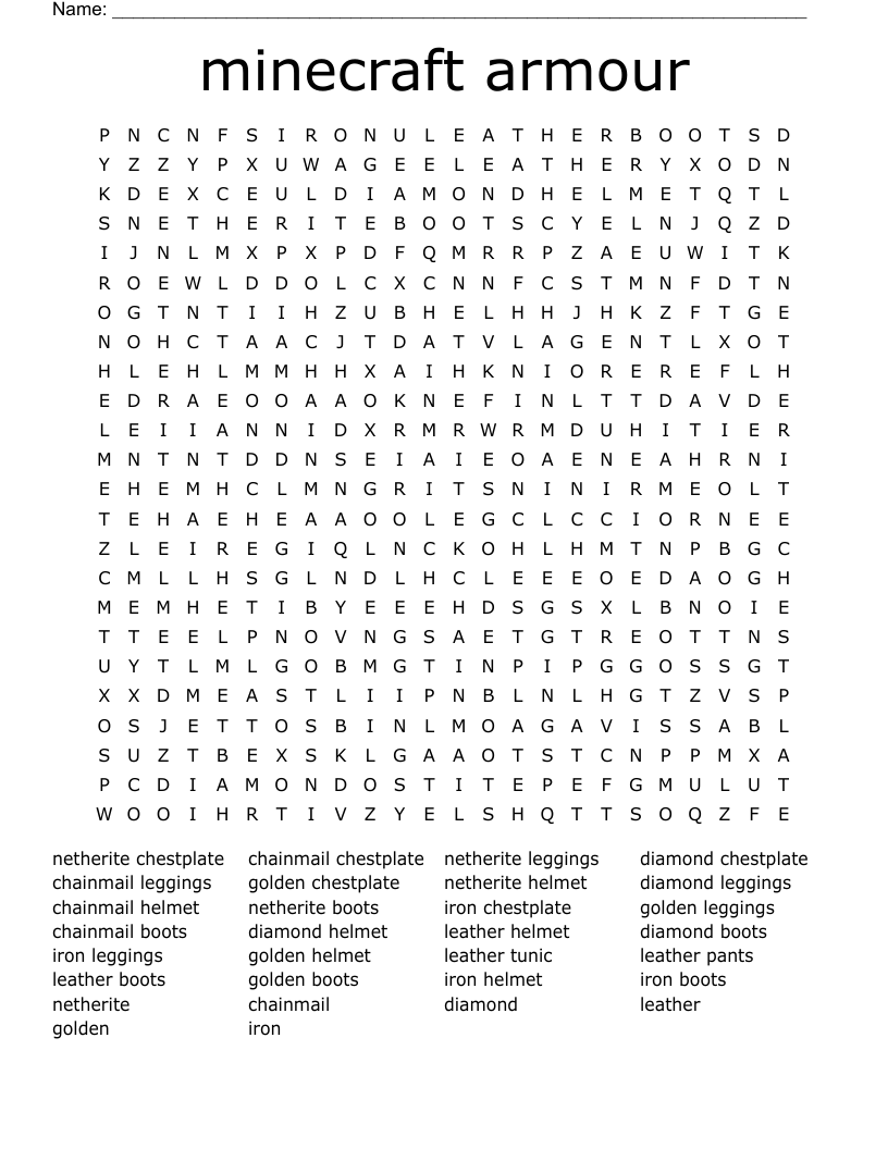 minecraft armour Word Search