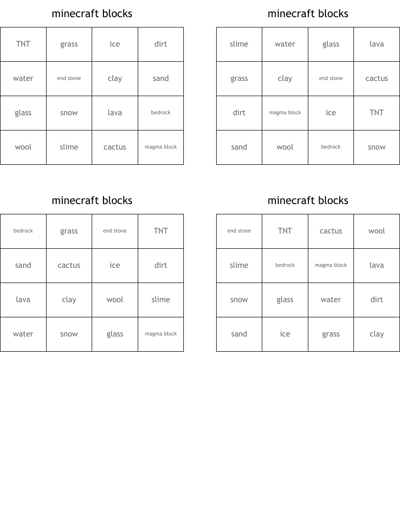 minecraft blocks Bingo Cards