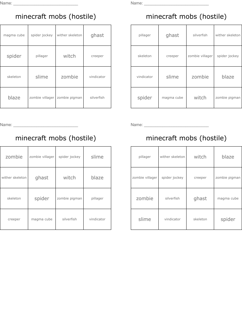 minecraft mobs (hostile) Bingo Cards