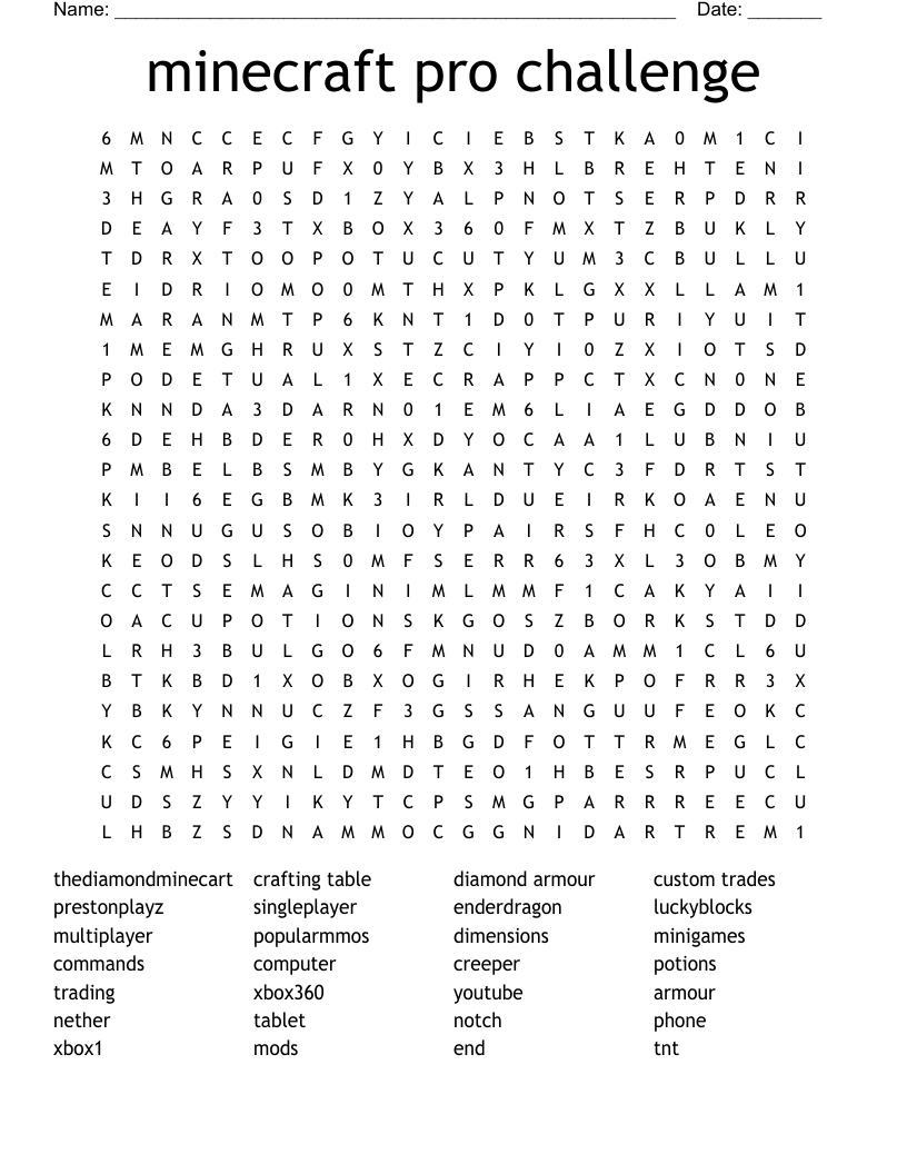 minecraft pro challenge Word Search
