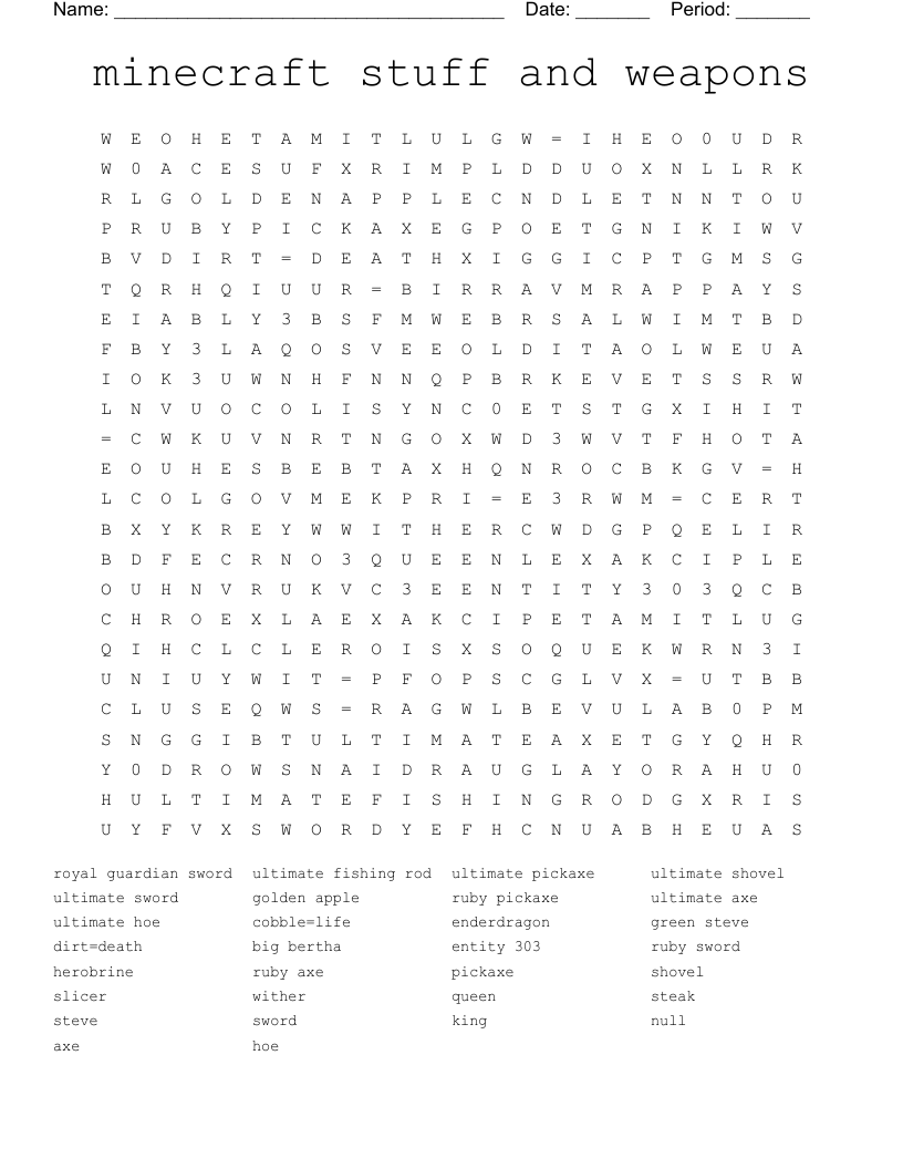 minecraft stuff and weapons Word Search