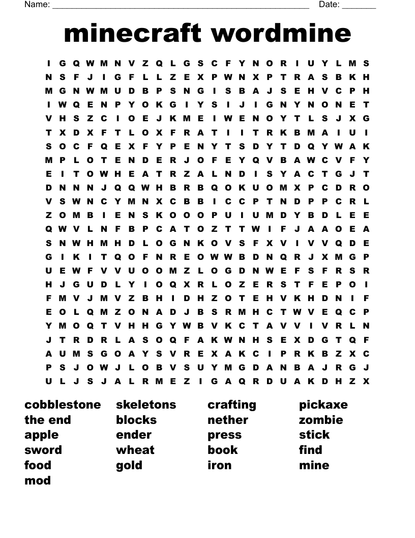minecraft wordmine Word Search
