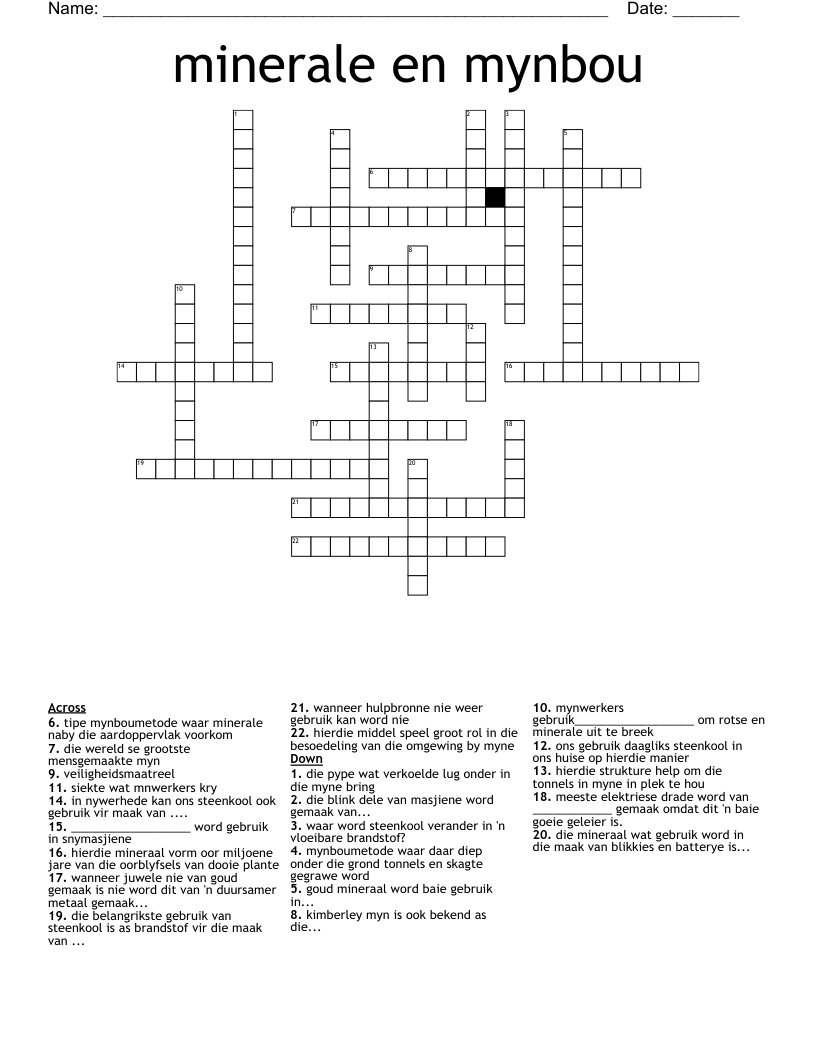 minerale en mynbou Crossword