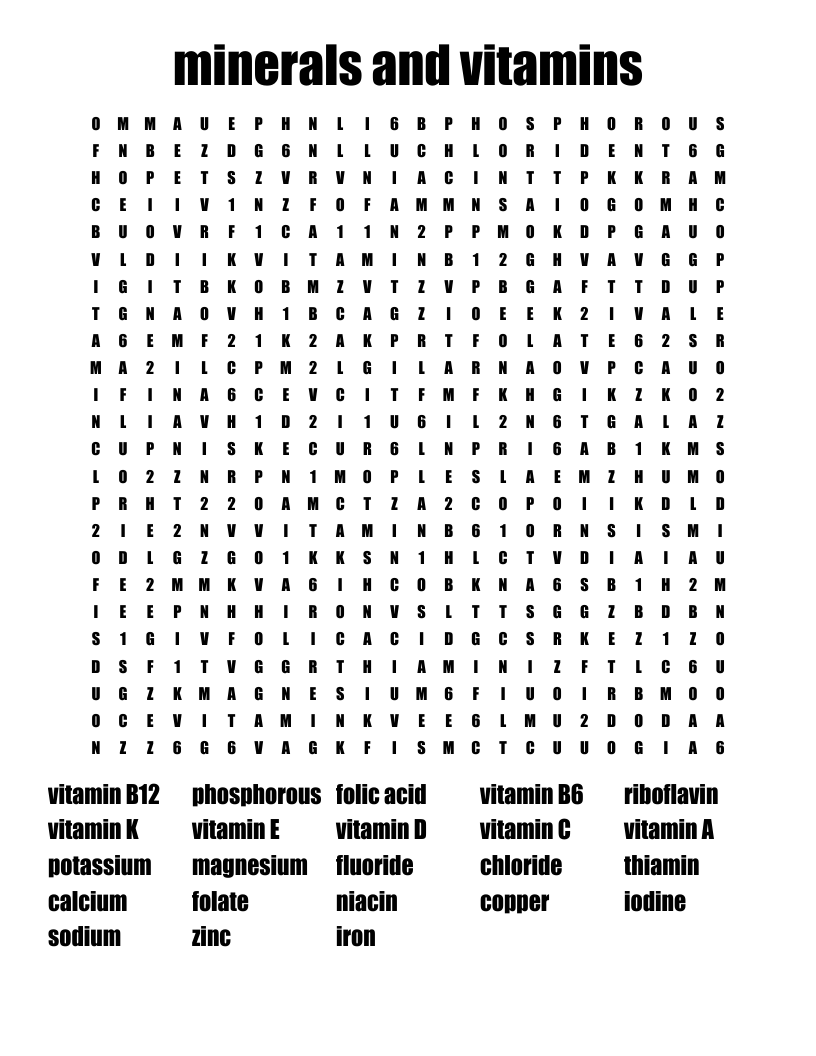 minerals and vitamins Word Search