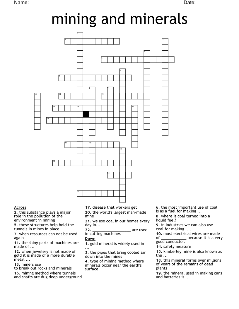 mining and minerals Crossword