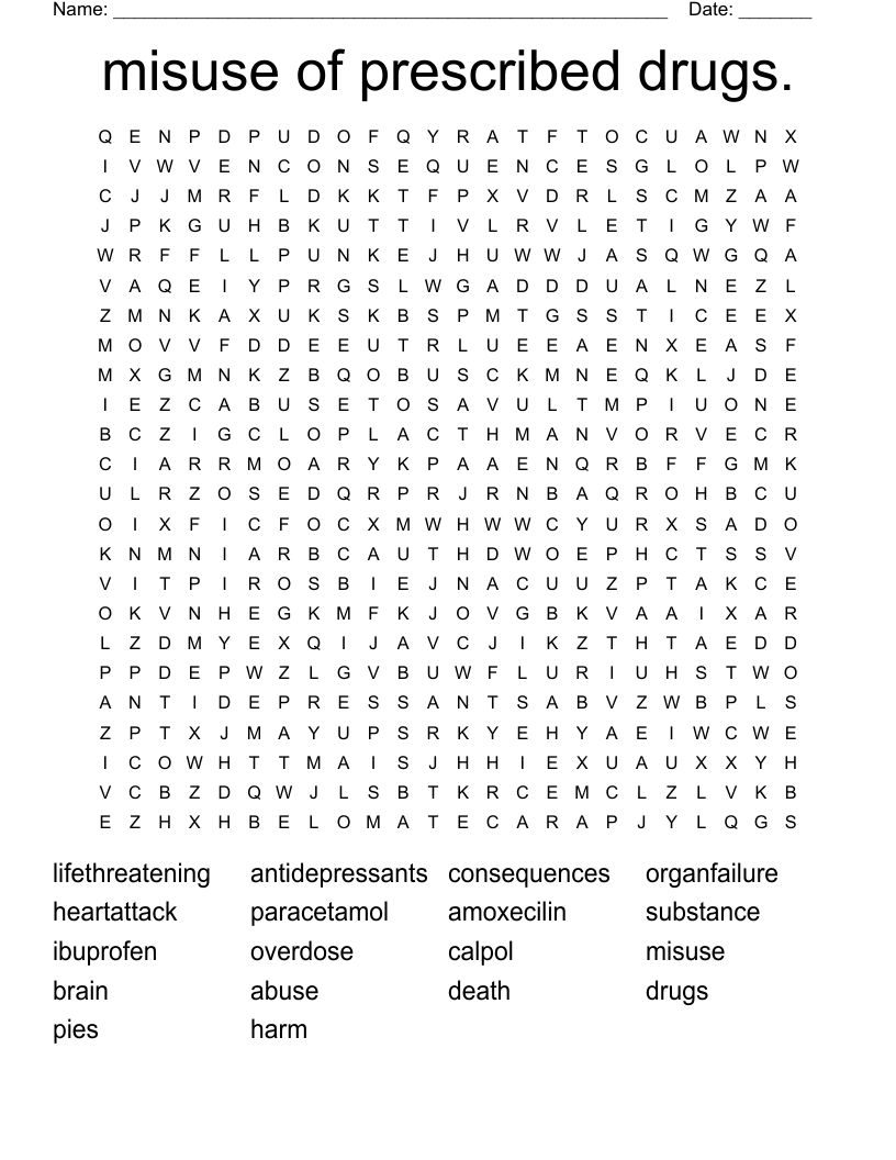 misuse of prescribed drugs. Word Search