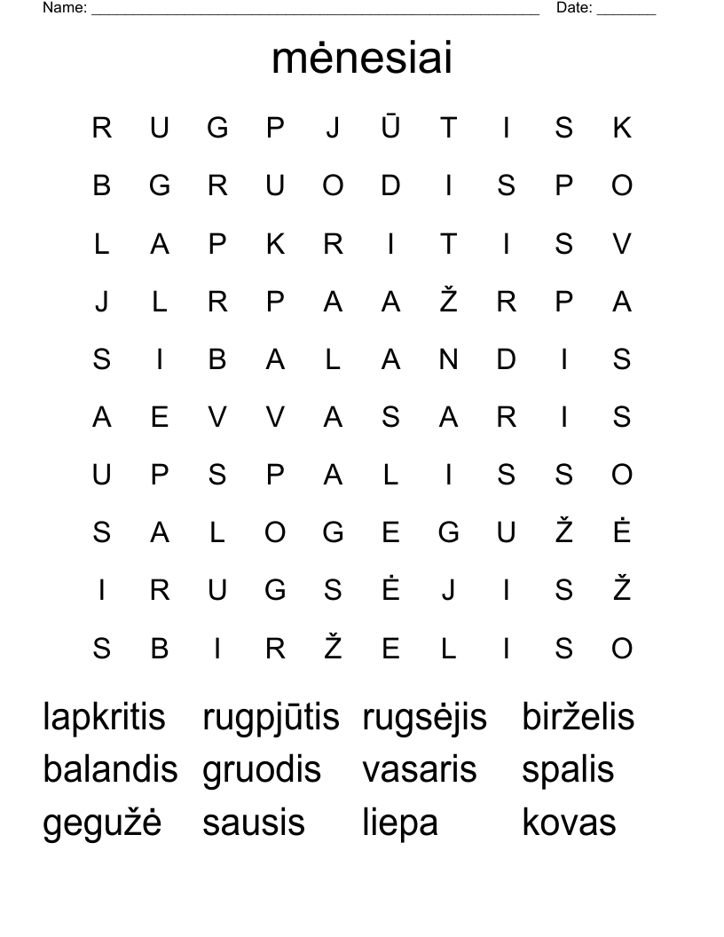 mėnesiai Word Search