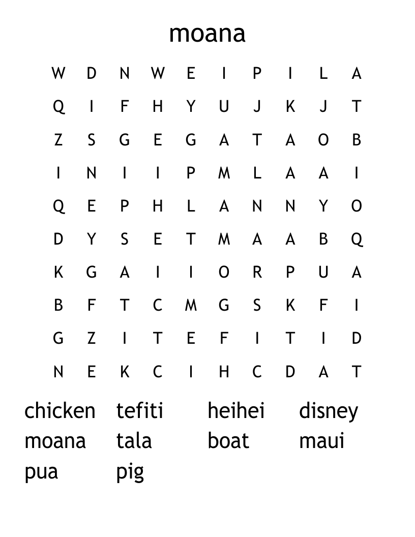 moana Word Search