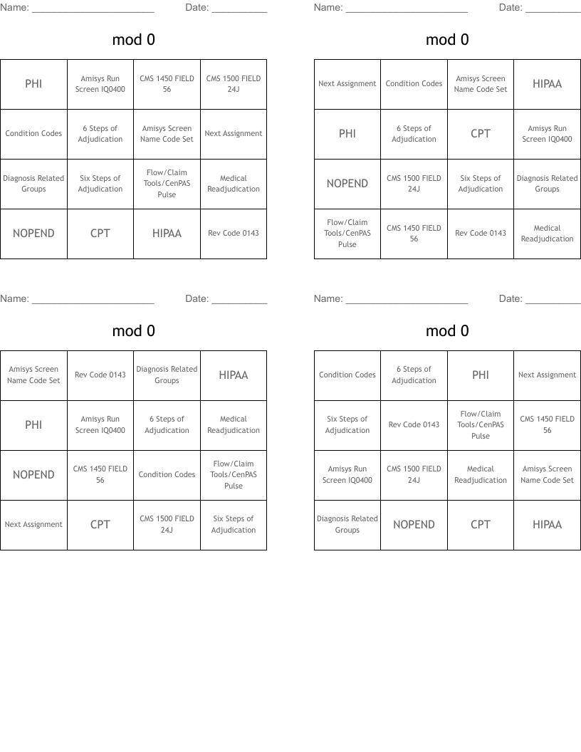 mod 0 Bingo Cards