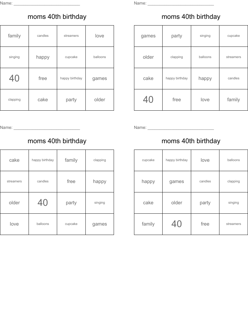 moms 40th birthday Bingo Cards