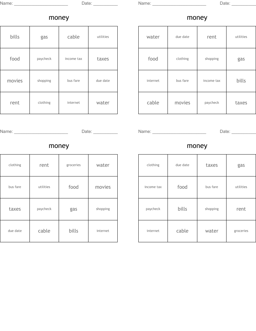 money Bingo Cards