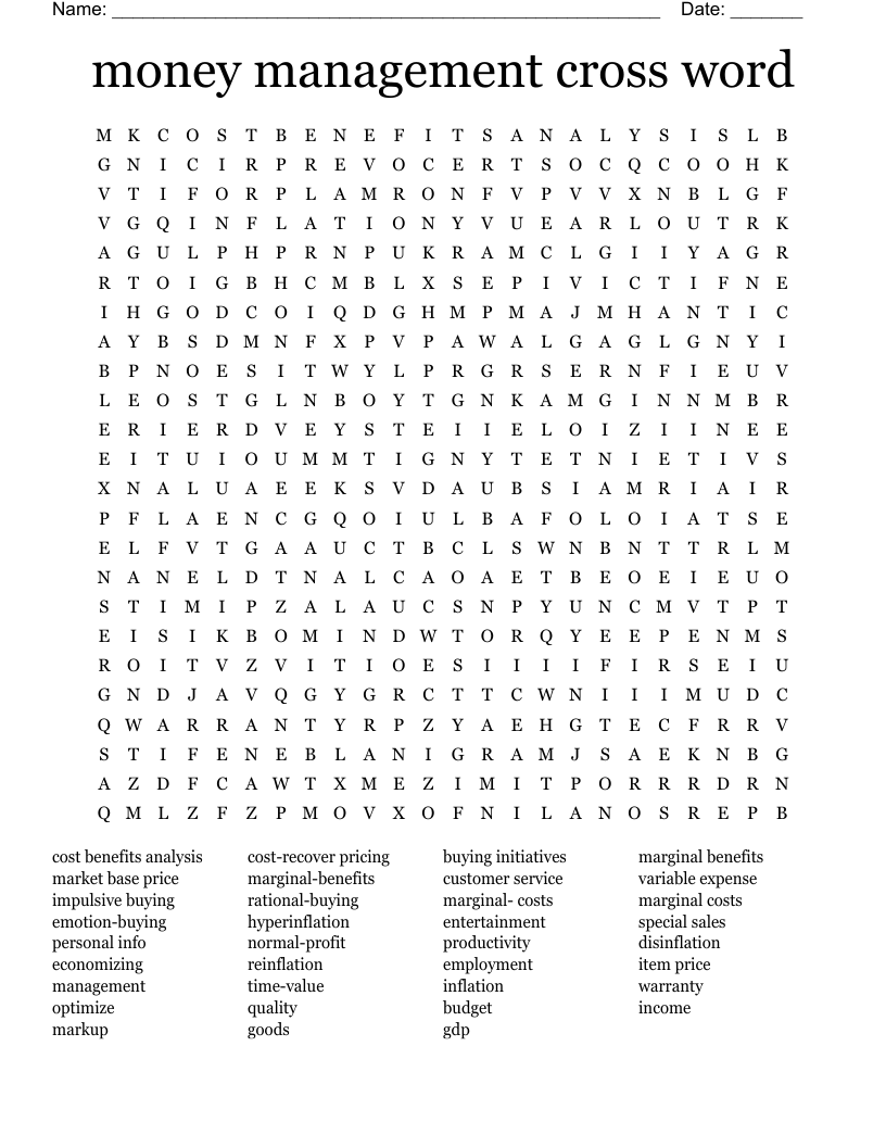 money management cross word Word Search