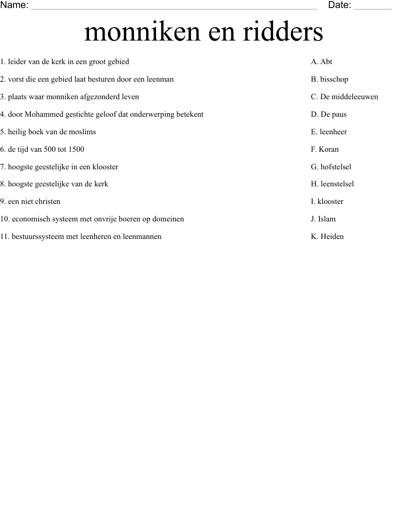 monniken en ridders Worksheet