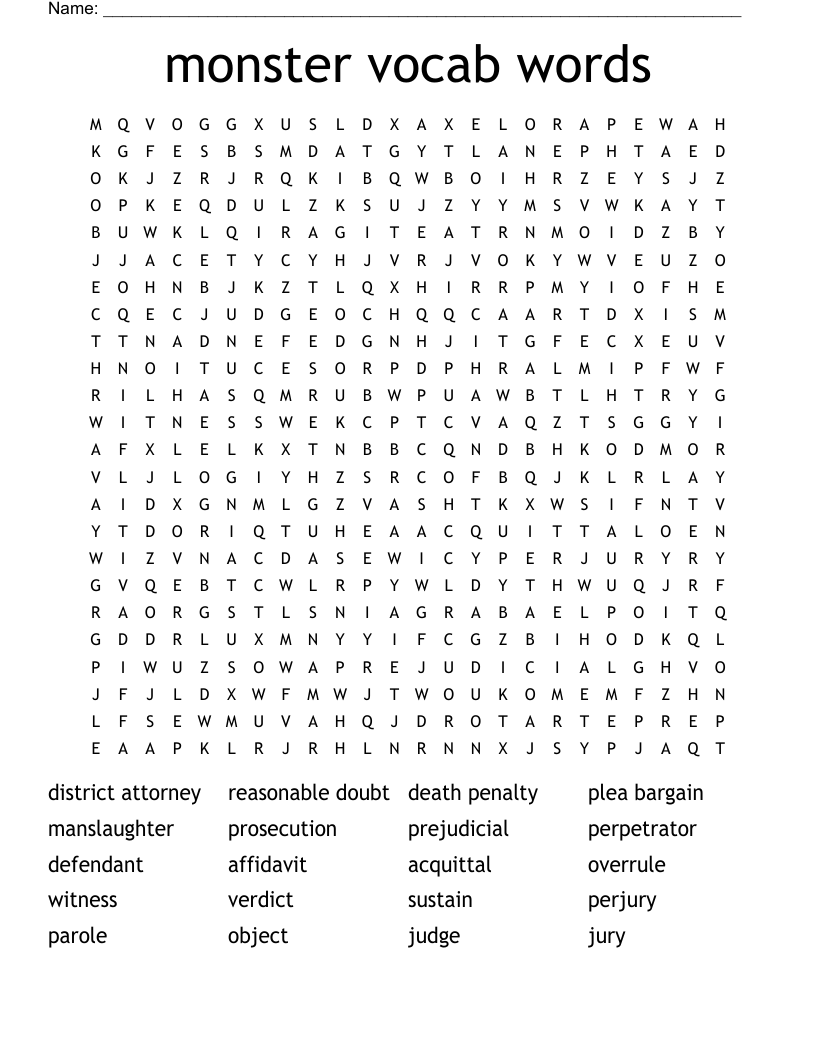 monster vocab words  Word Search