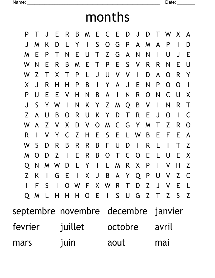 months Word Search