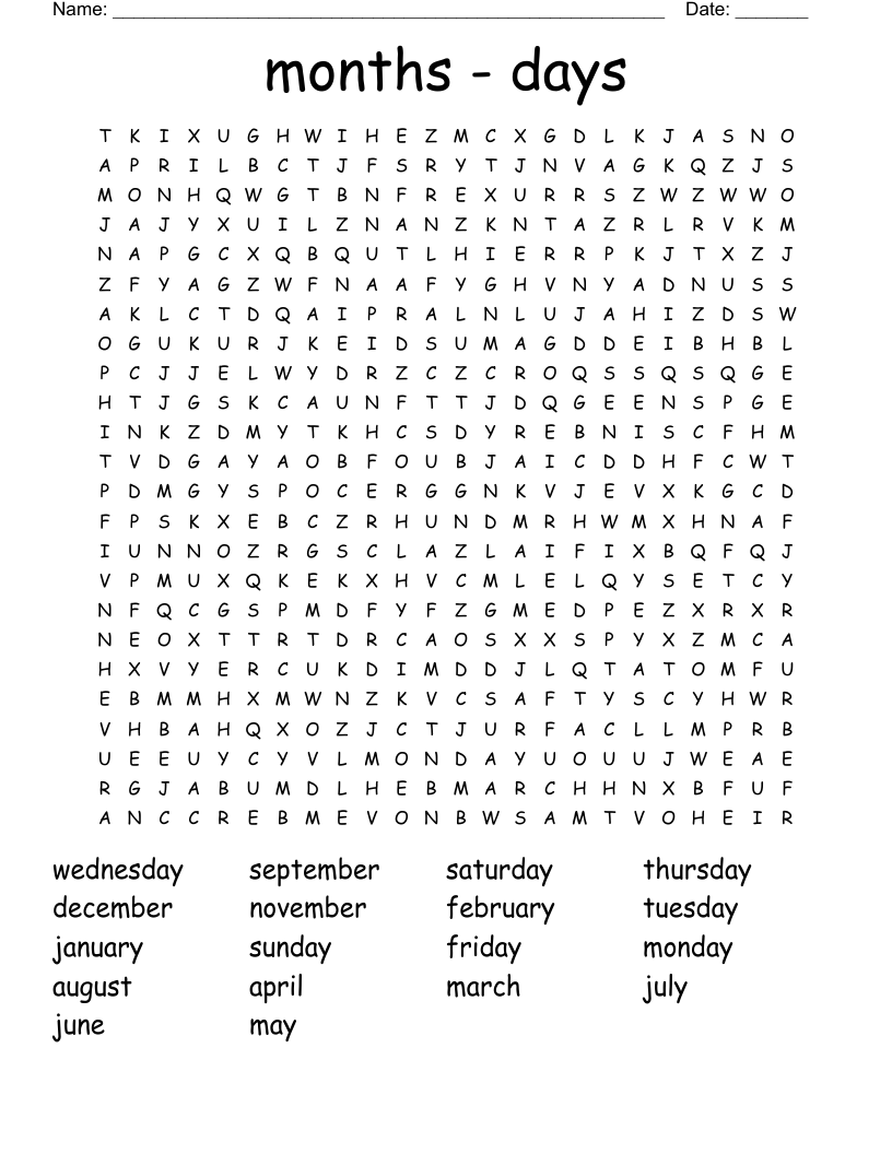 months - days Word Search